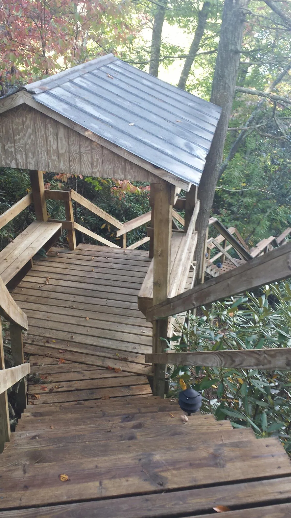 Metal roofed shelter over wooden steps on a wooded walkway — Skylight Repair & Installation work by our crew in Vardaman